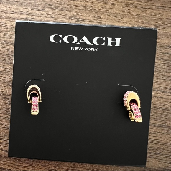 Coach Gold with Pink Crystal Double "C" Earrings NWT - Picture 5 of 5
